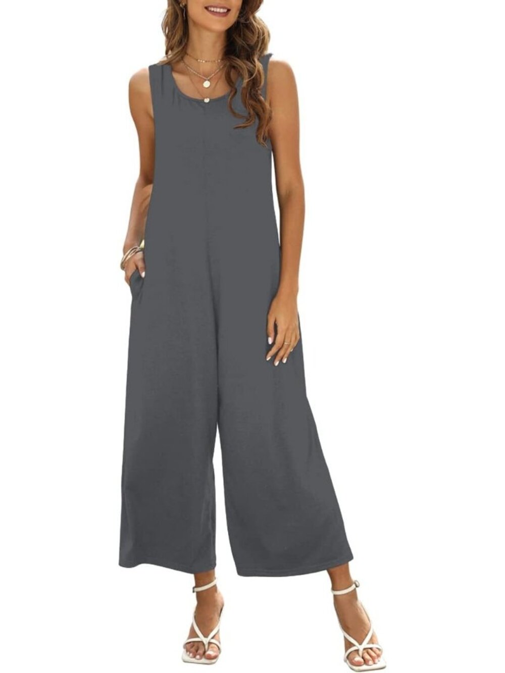 Women's Jumpsuit Grey Crewneck Loose Tank Sleeveless Outfit With Pockets Romper